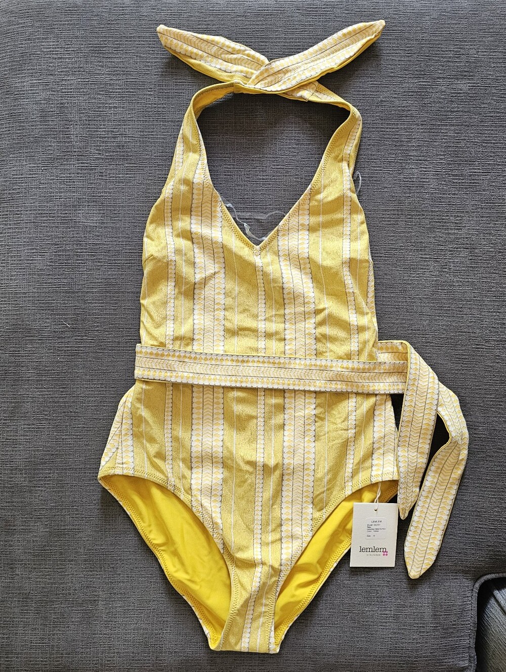 Lemlem Luchia Deep V Belted Yellow White One Piece Swimsuit Size Medium